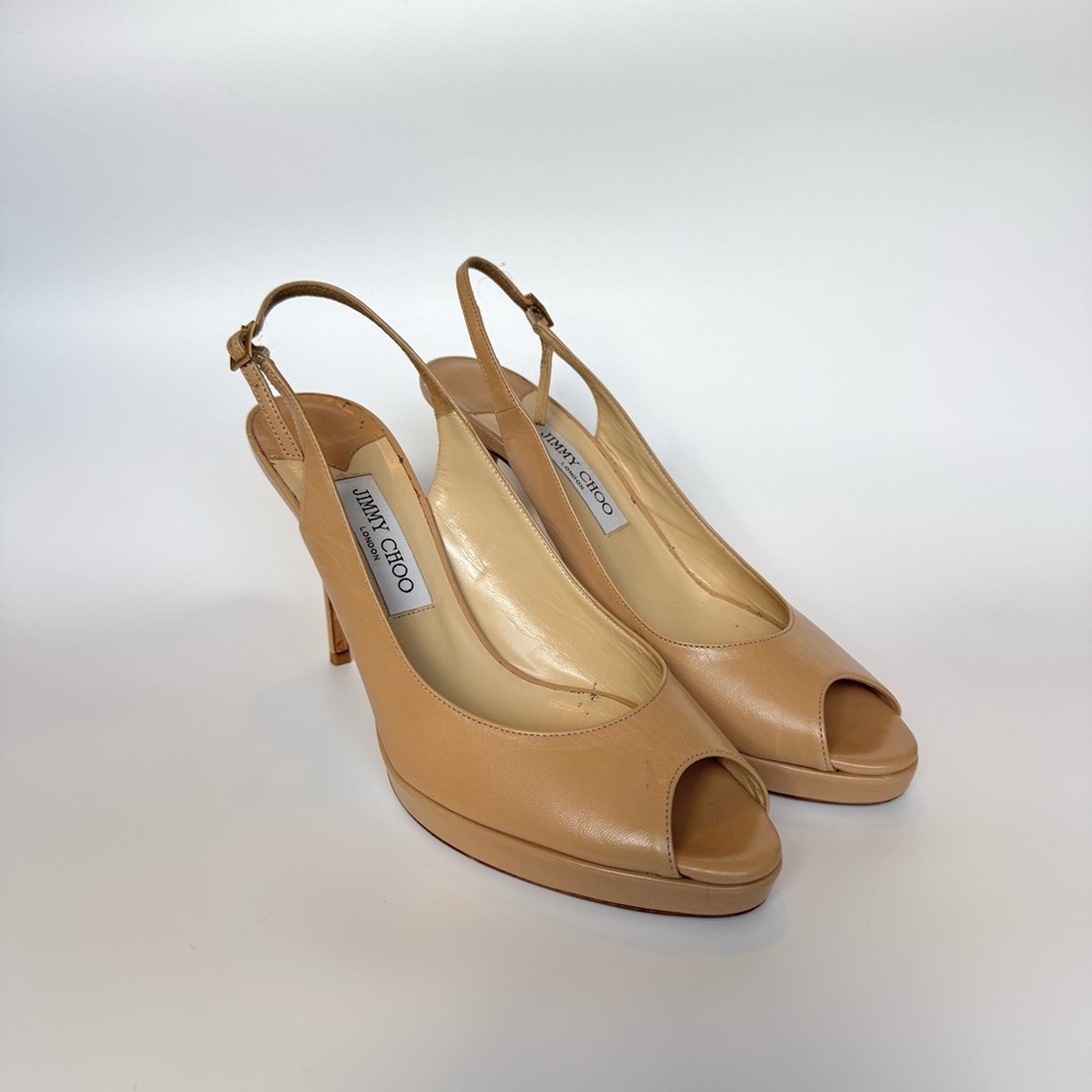 Jimmy Choo Nude Leather Peep Toe Slingback Heels